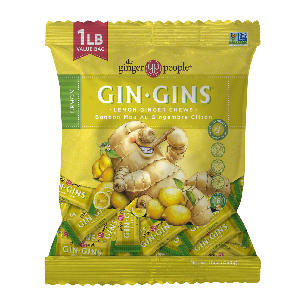 The Ginger People bolsa frontal de GIN GINS Lemon, muestra tamaño y diseño