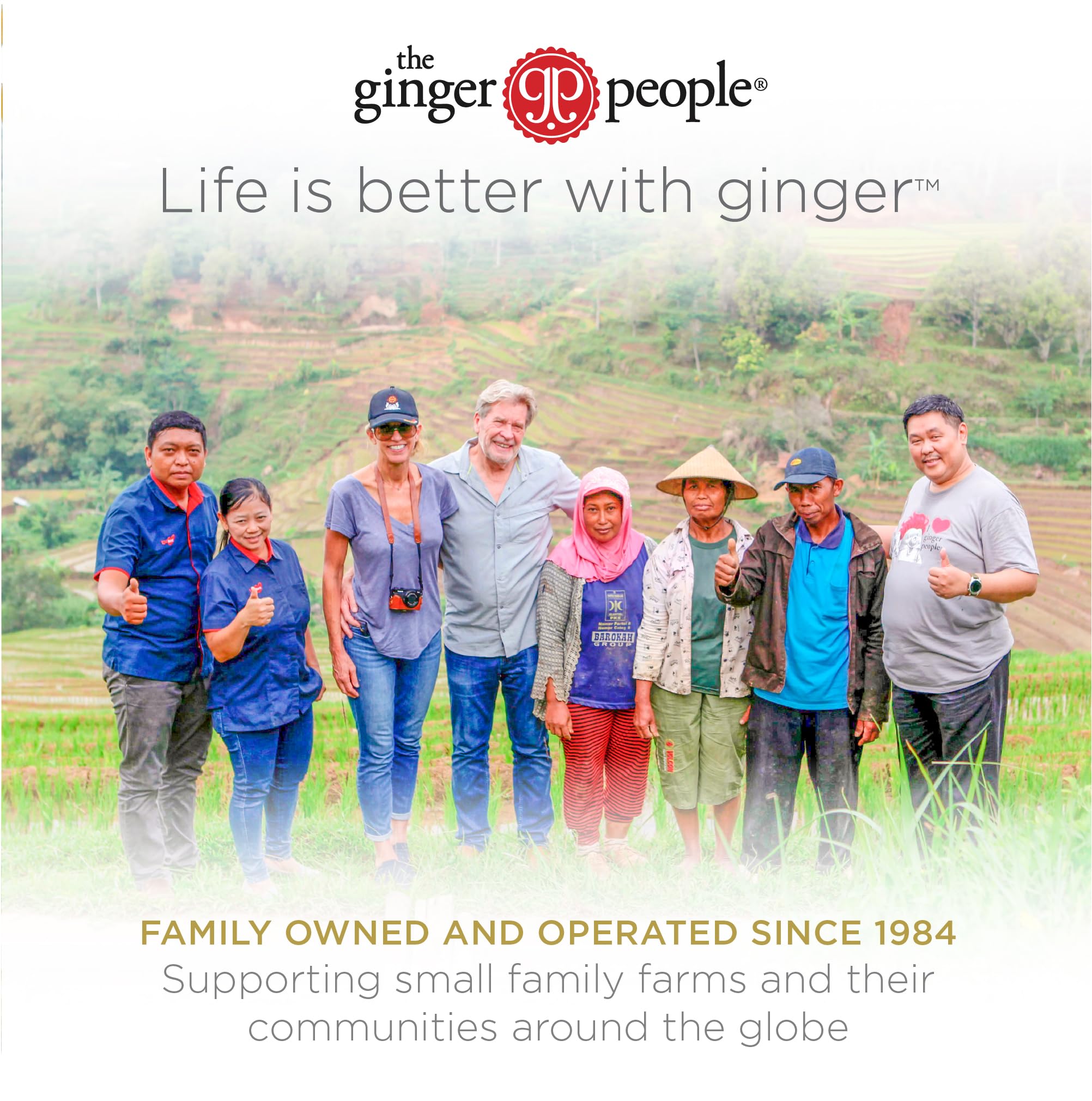 The Ginger People etiqueta con ingredientes y sello de sostenibilidad, transparencia y origen