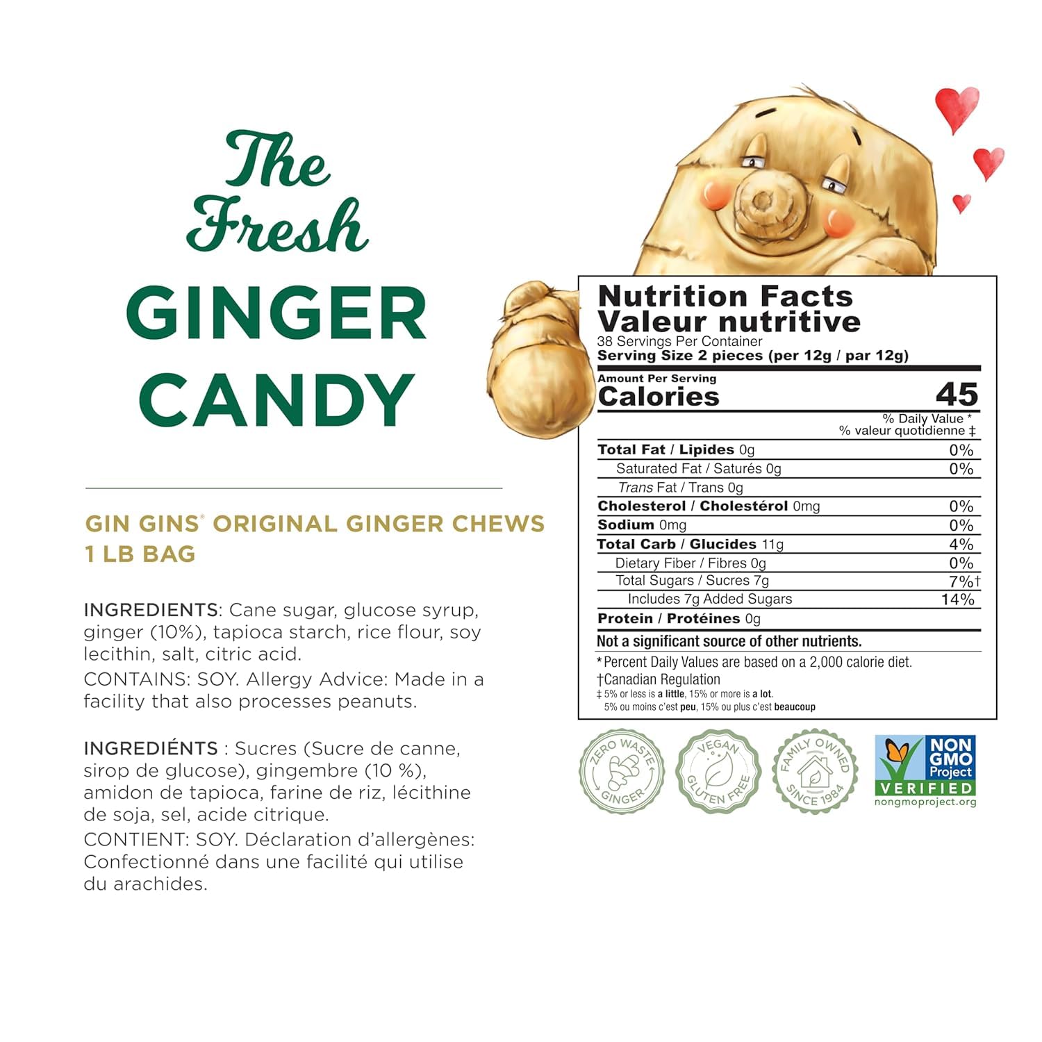 The Ginger People etiqueta con lista de ingredientes claros y beneficios