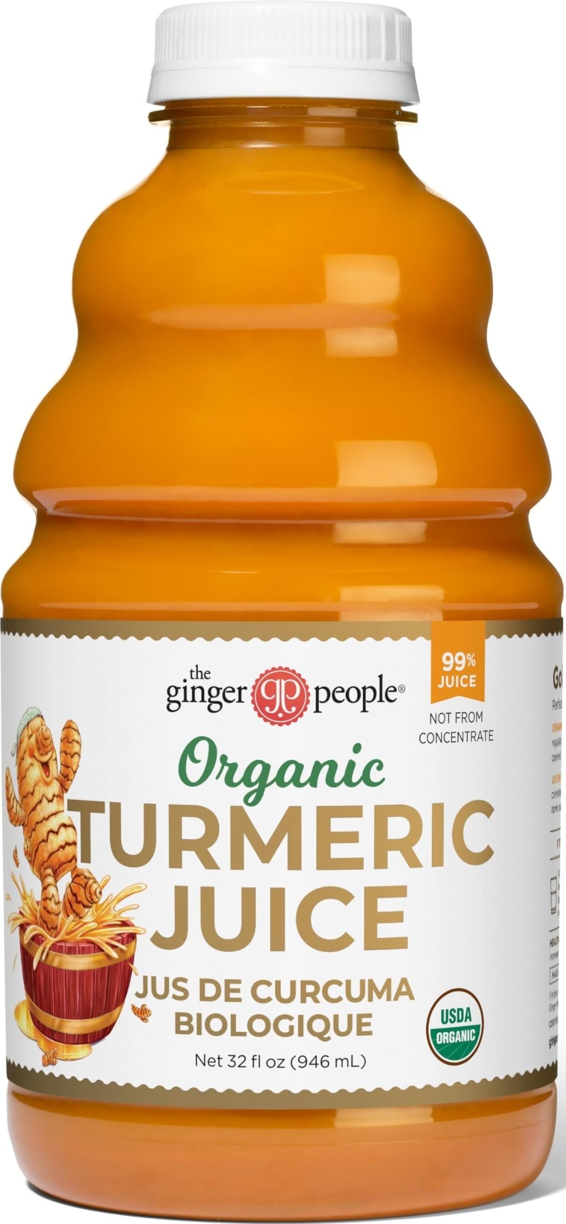 The Ginger People botella frontal que muestra jugo de cúrcuma puro y listo