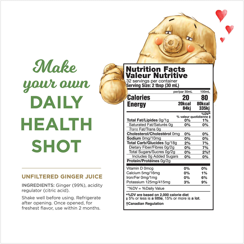 The Ginger People etiqueta con información de ingredientes y pureza del jugo