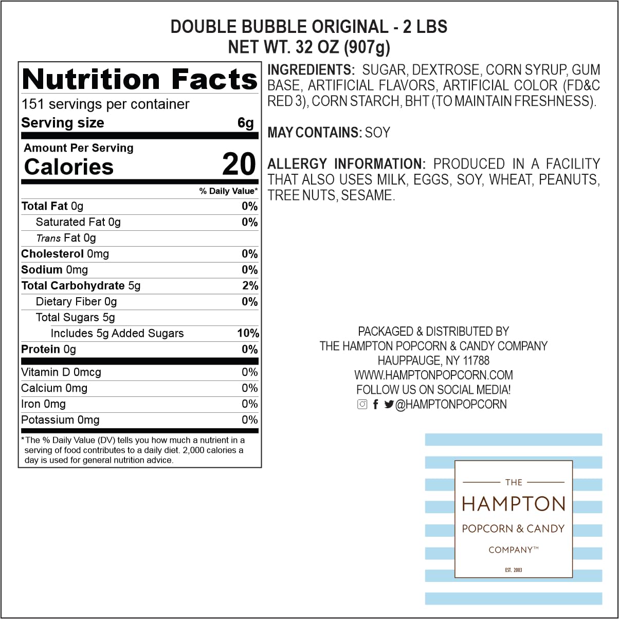 The Hampton Popcorn Company comparación tamaño de una pieza frente a moneda