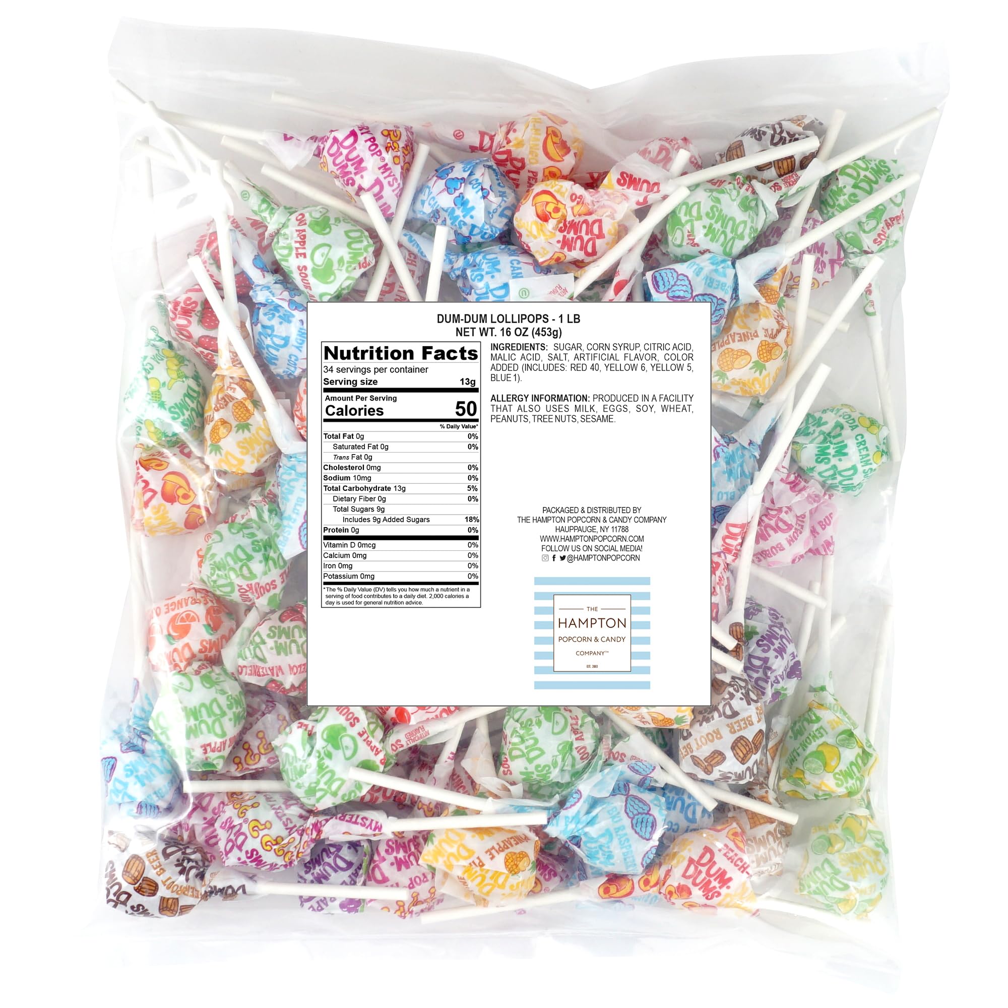 The Hampton Popcorn Company paletas DUM DUMS dispersas que ilustran colores y sabores