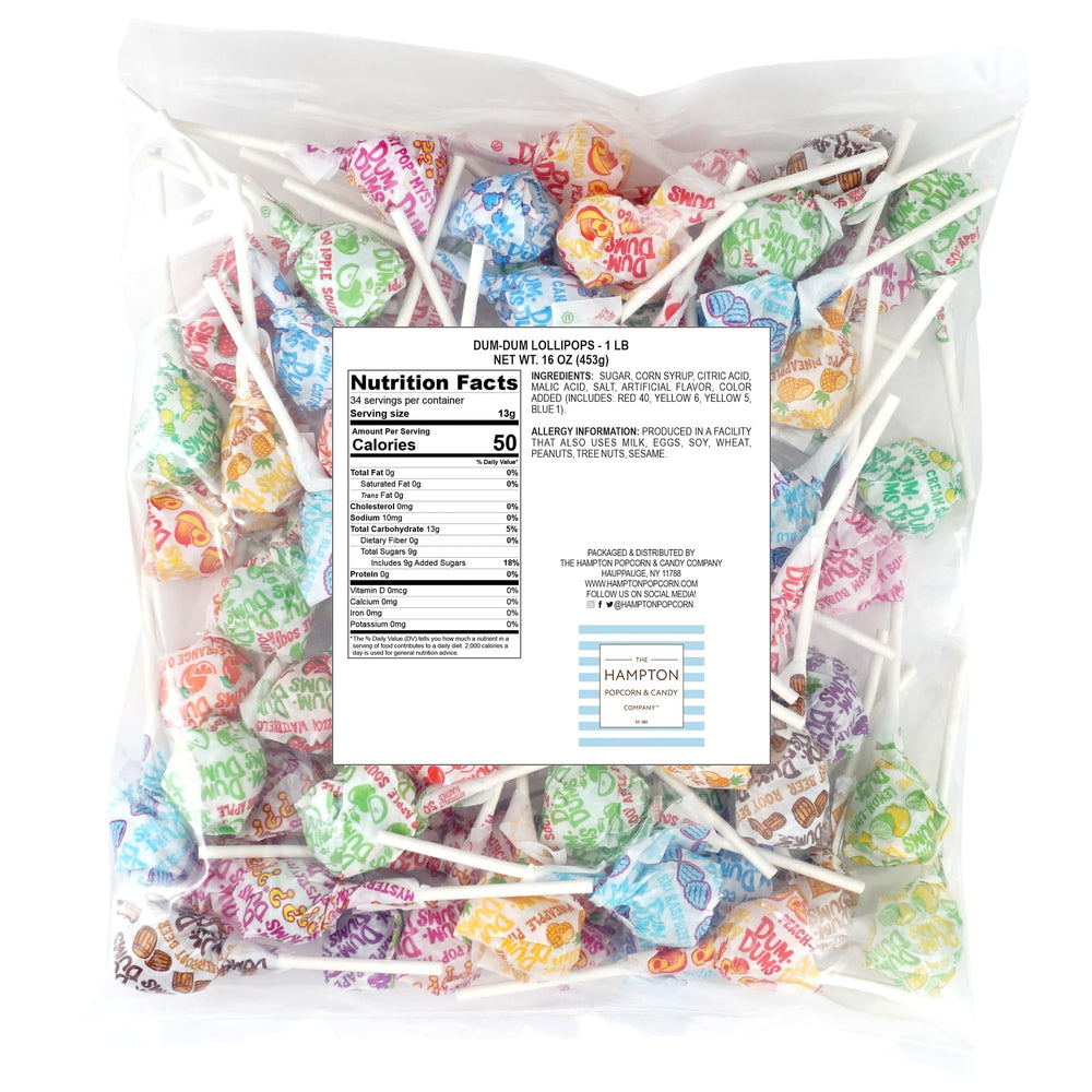 The Hampton Popcorn Company paletas DUM DUMS dispersas que ilustran colores y sabores