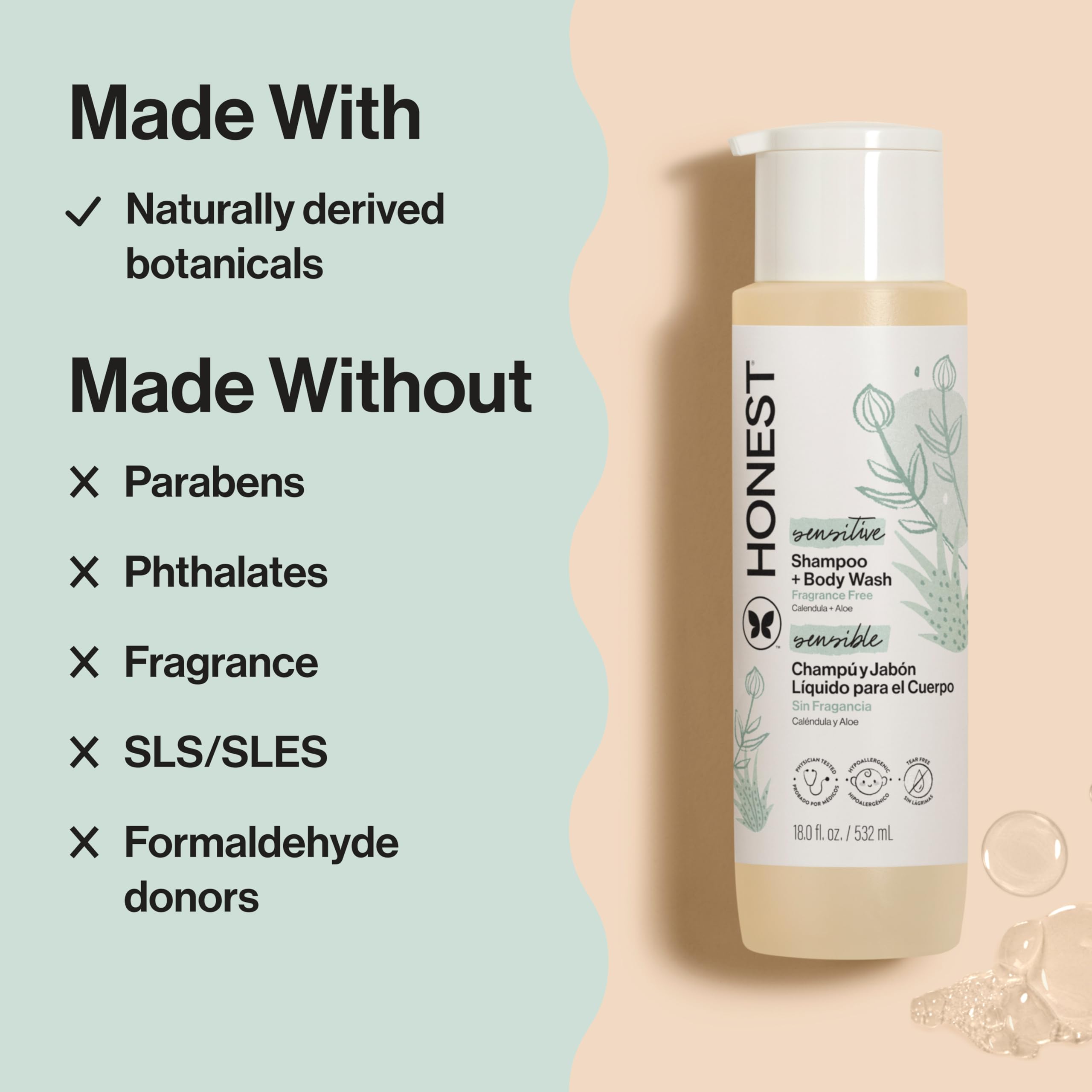 The Honest Company botella junto a una regla para comparar el tamaño práctico