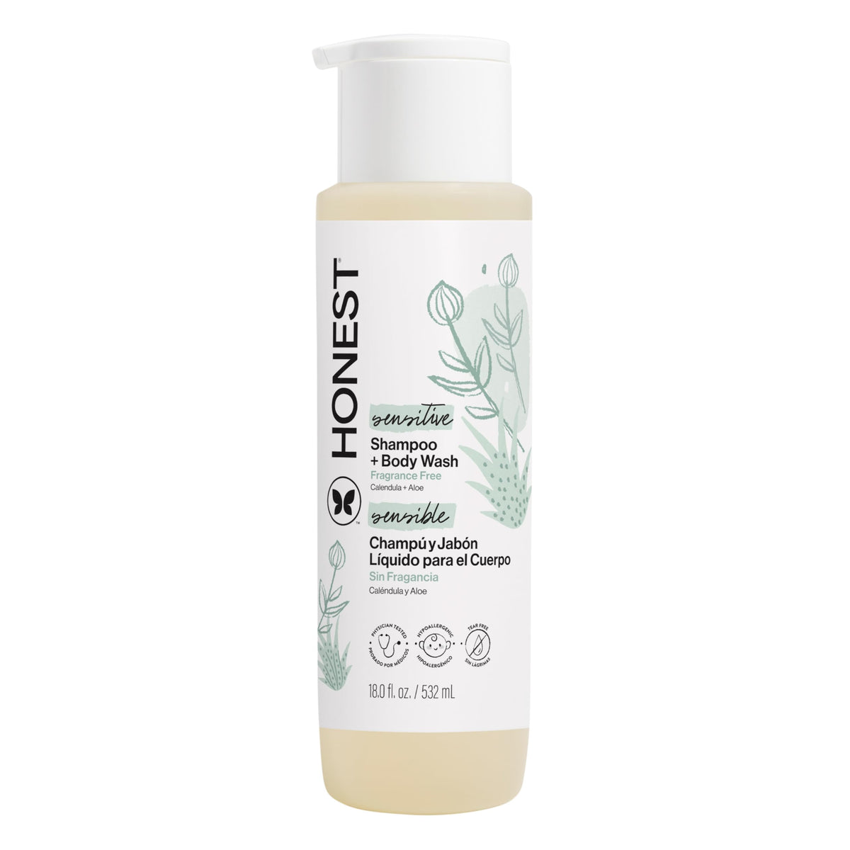 The Honest Company frasco frontal mostrando diseño y volumen 18 fl oz, ideal para familias