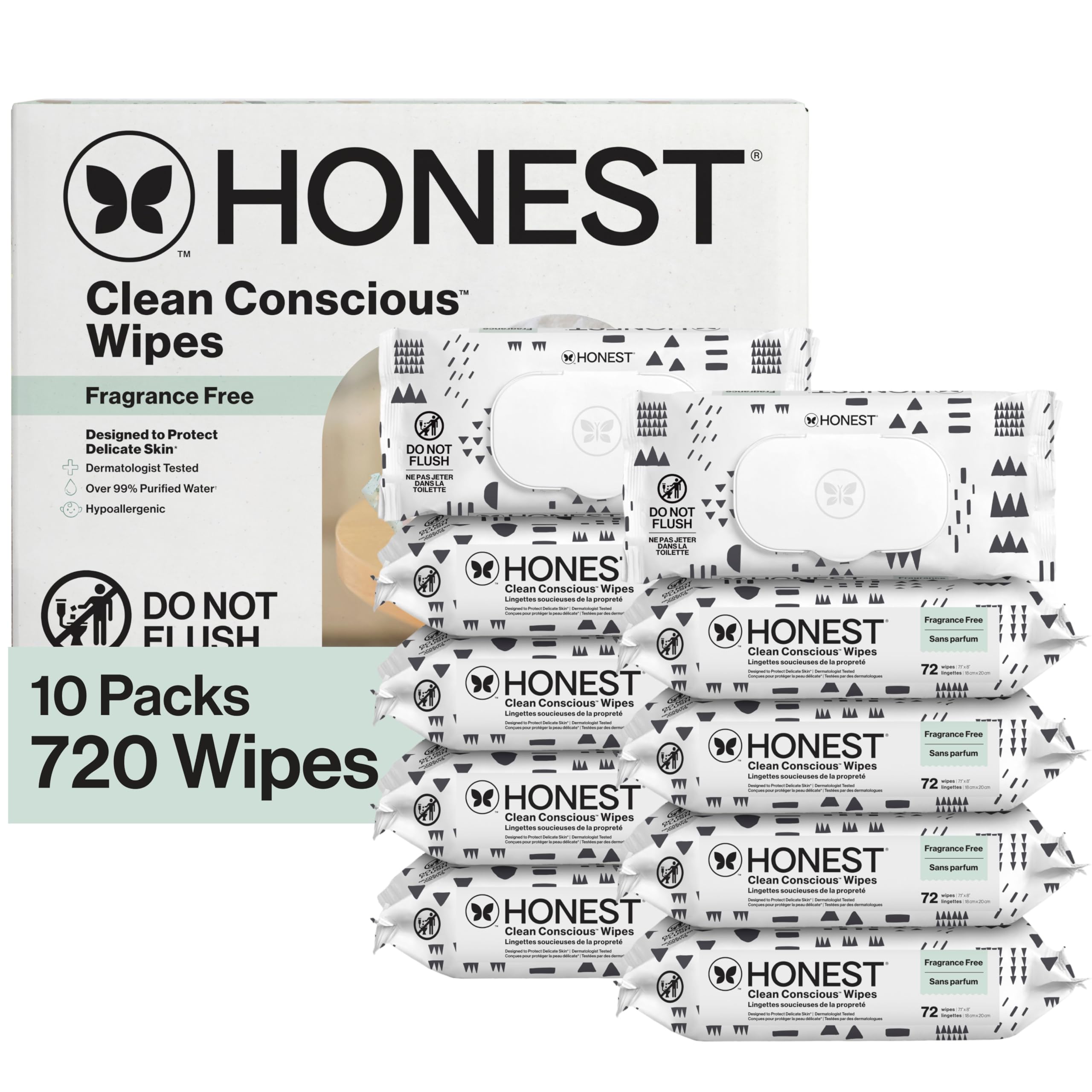 The Honest Company paquete frontal Pattern Play mostrando 720 unidades y beneficio ambiental