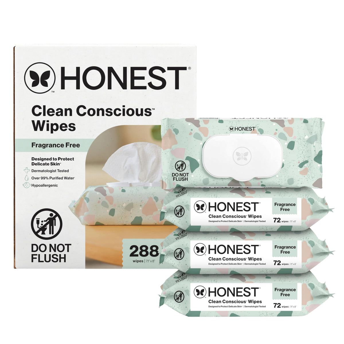 The Honest Company paquete frontal mostrando 288 toallitas y diseño Geo Mood