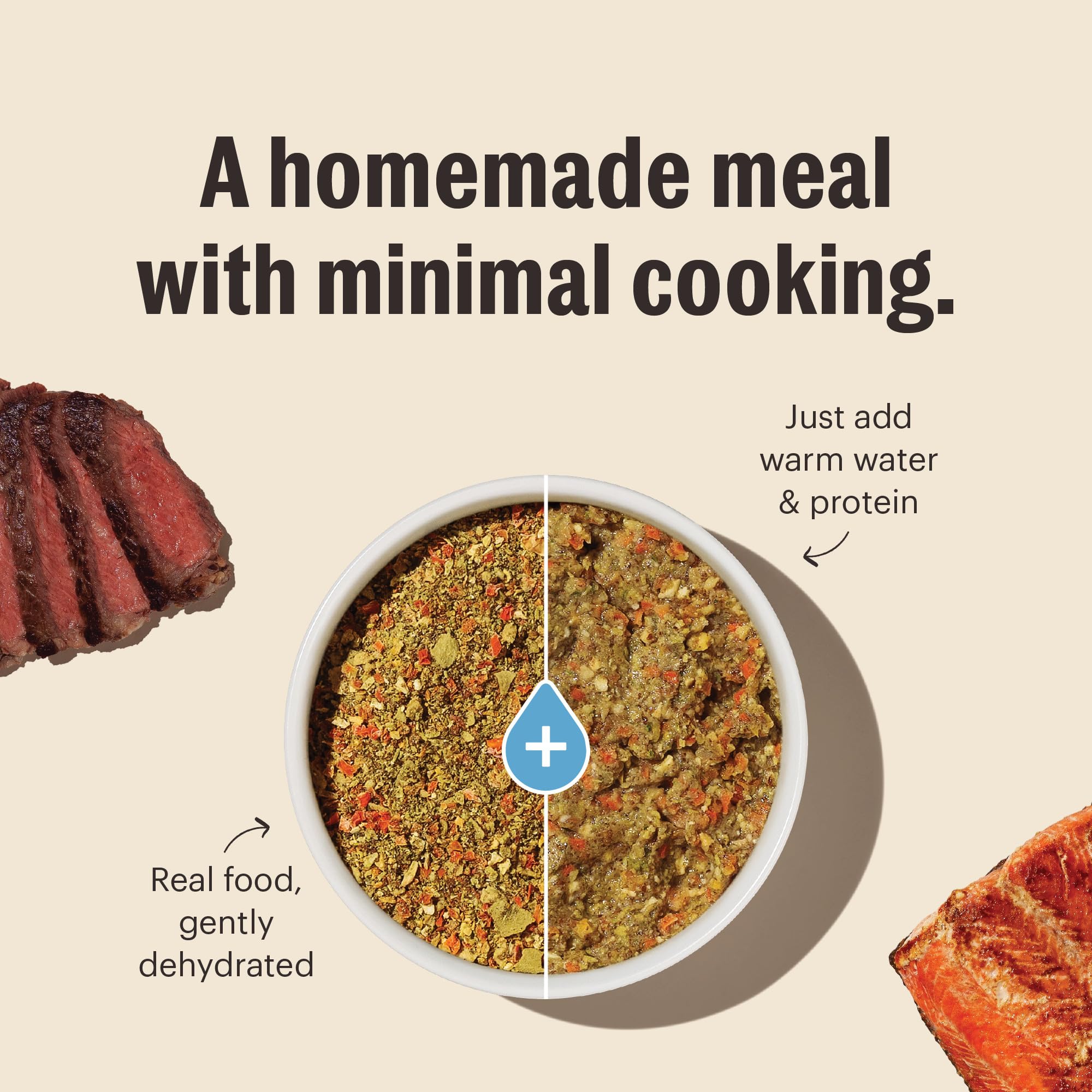 The Honest Kitchen base servida con proteína cocida, sabor casero equilibrado