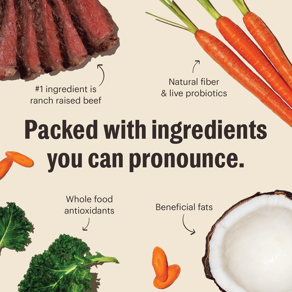 The Honest Kitchen ingredientes visibles: carne de res y verduras que aportan nutrientes