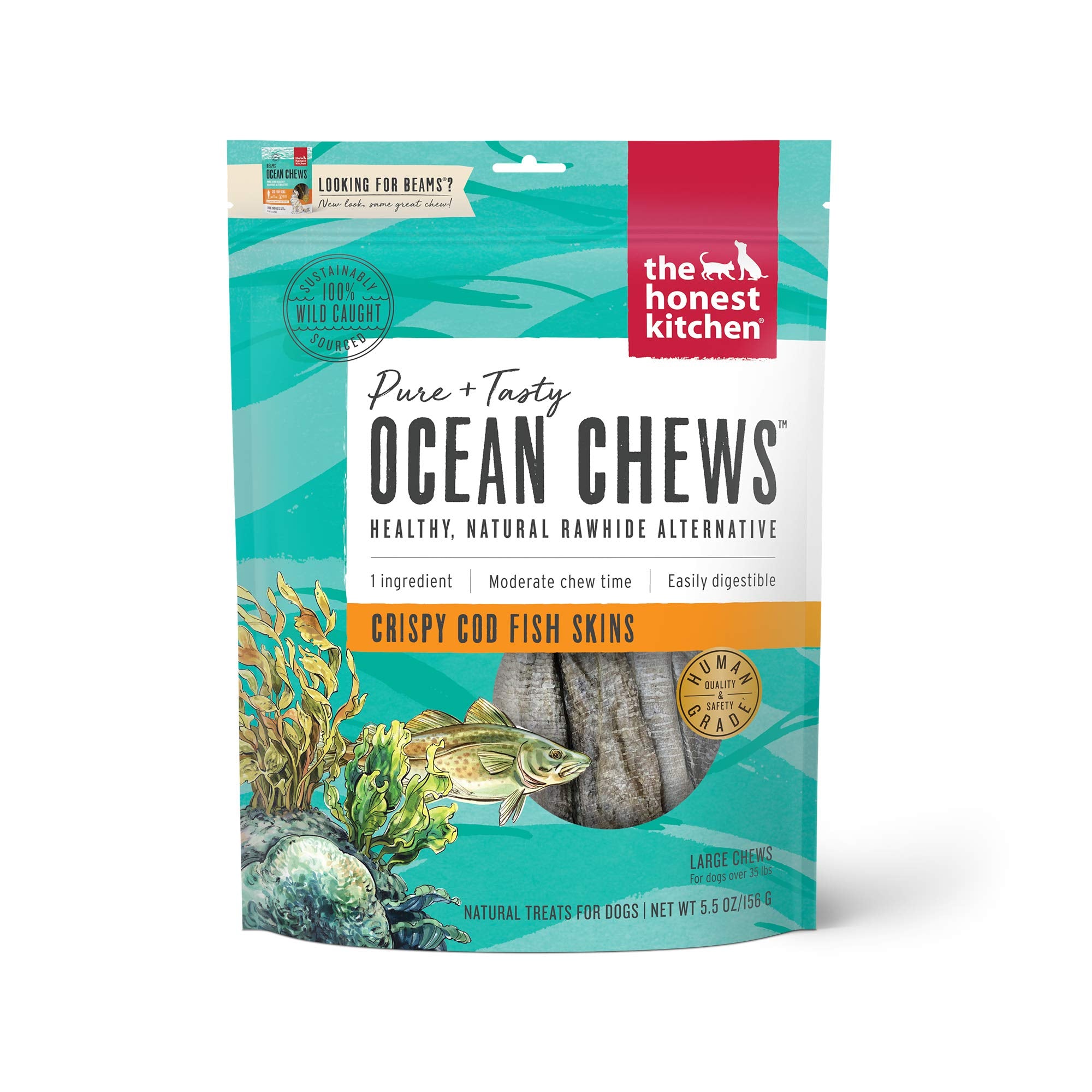 The Honest Kitchen envase frontal de Ocean Chews mostrando ingrediente único