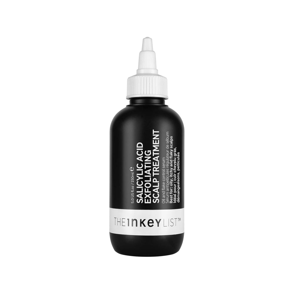 The INKEY List botella frontal del tratamiento exfoliante para cuero cabelludo, muestra limpieza eficaz