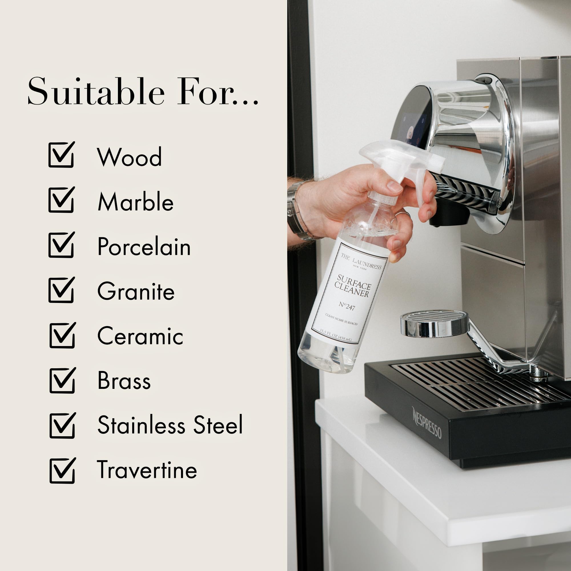 The Laundress Surface Cleaner en encimera de mármol limpiando huellas y grasa