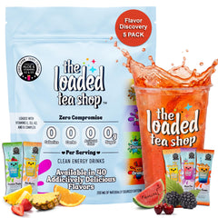 The Loaded Tea Shop frente del paquete mostrando variedad de sabores y beneficios