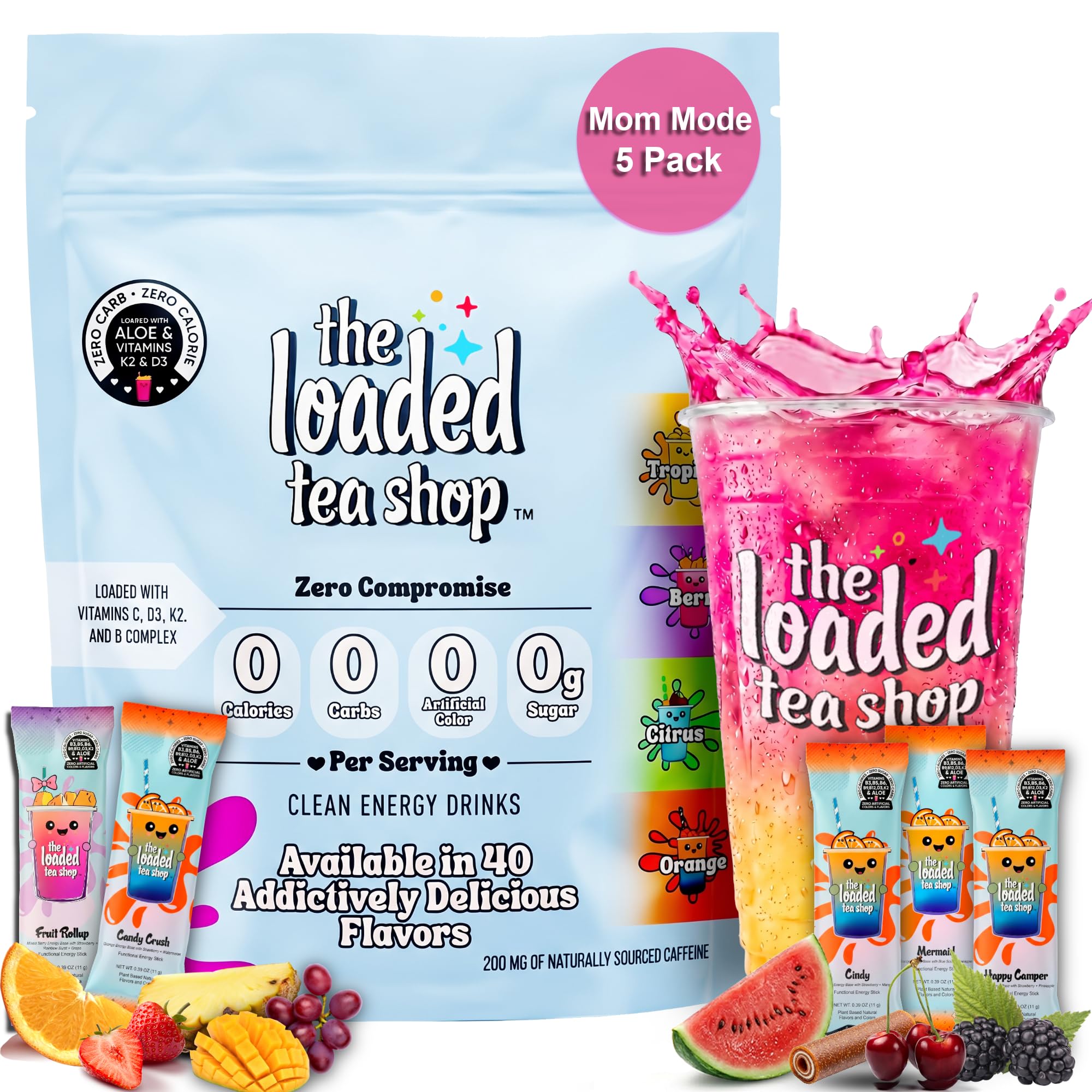 The Loaded Tea Shop pack frontal Mom Mode mostrando cinco sabores y beneficios