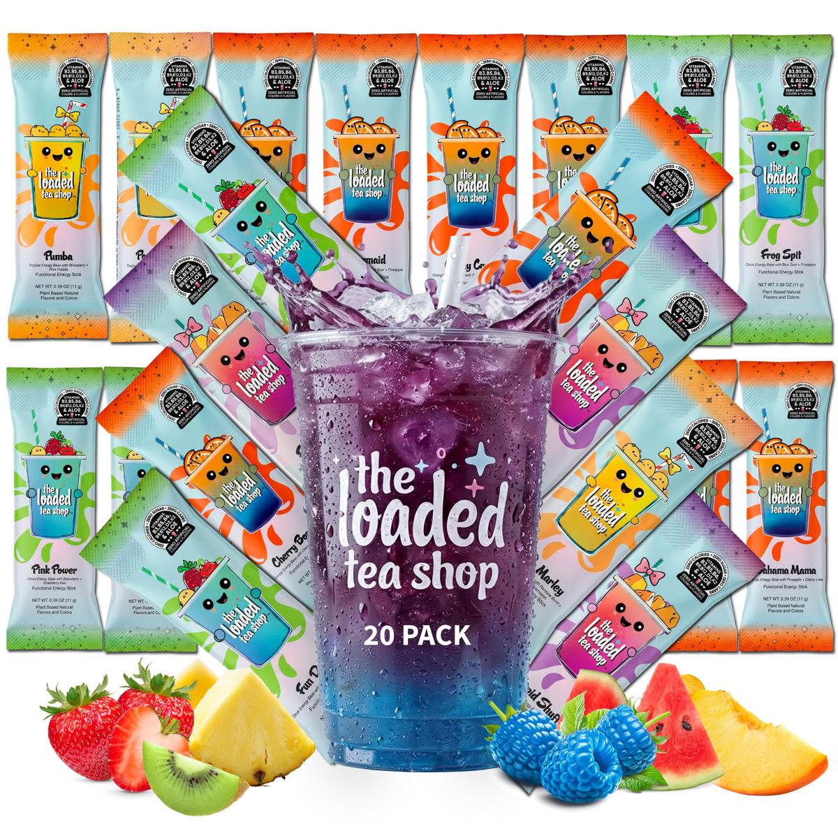 The Loaded Tea Shop embalaje frontal mostrando 20 sticks y variedad de sabores listos
