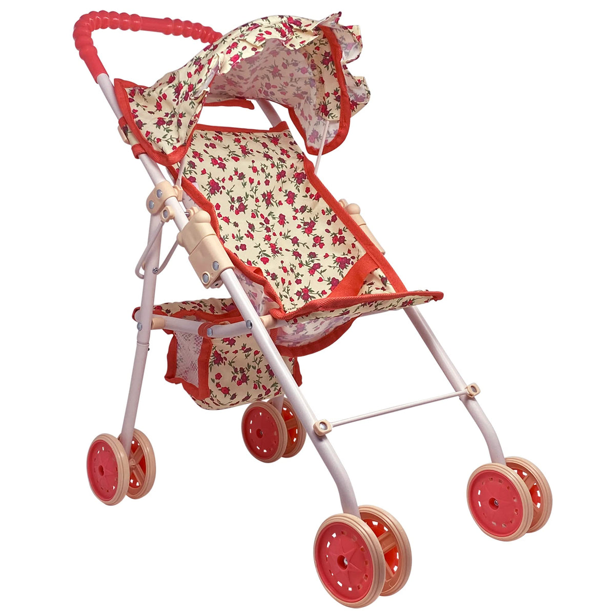 The New York Doll Collection cochecito frontal mostrando diseño floral y asiento seguro