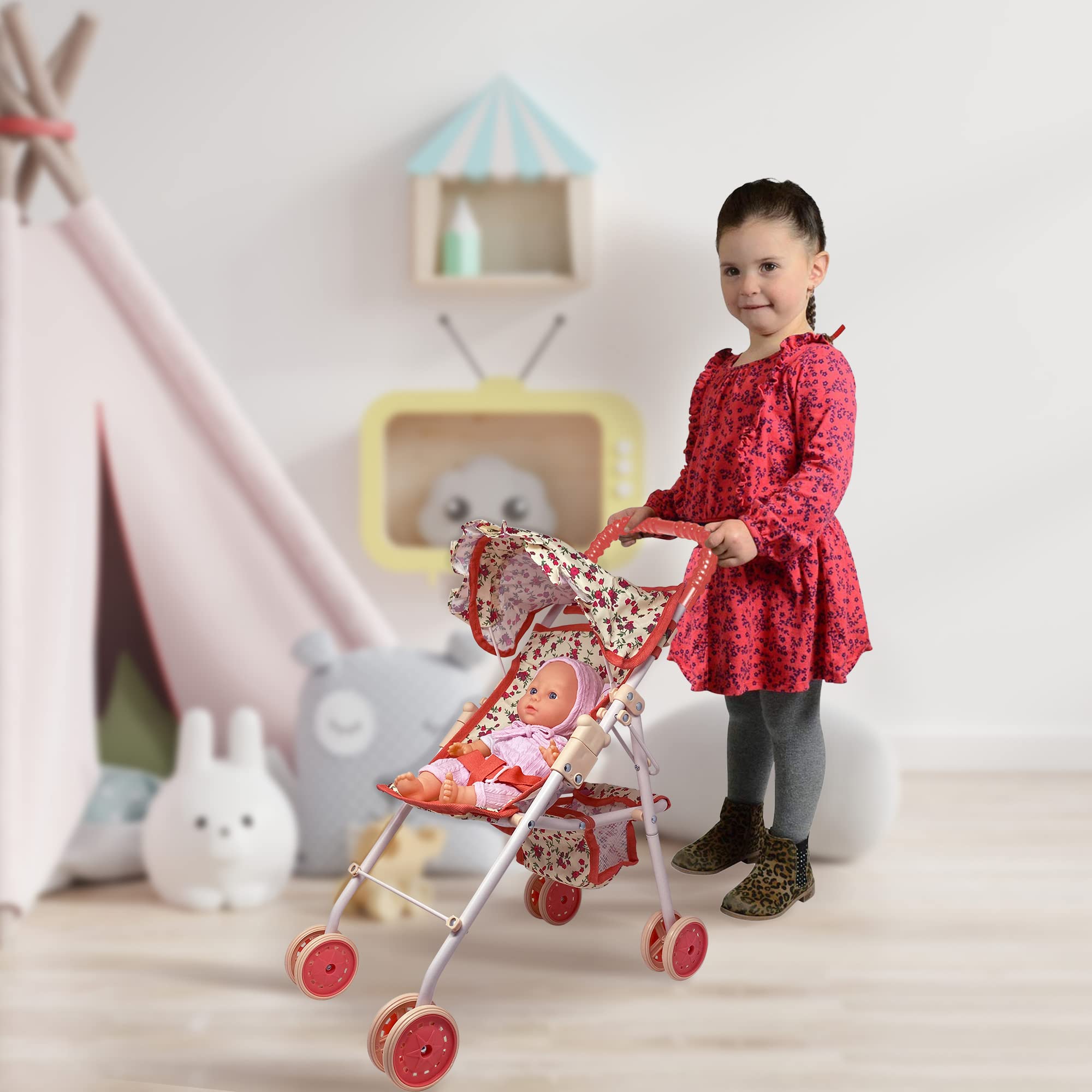 The New York Doll Collection primer plano del toldo ajustable protegiendo la muñeca