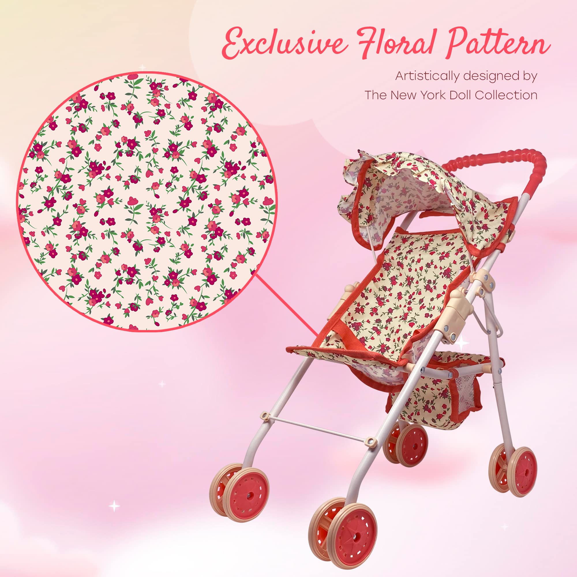 The New York Doll Collection niña empujando cochecito con mango antideslizante