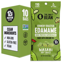 The Only Bean frente del paquete mostrando diseño y sabor wasabi soy, práctico para llevar