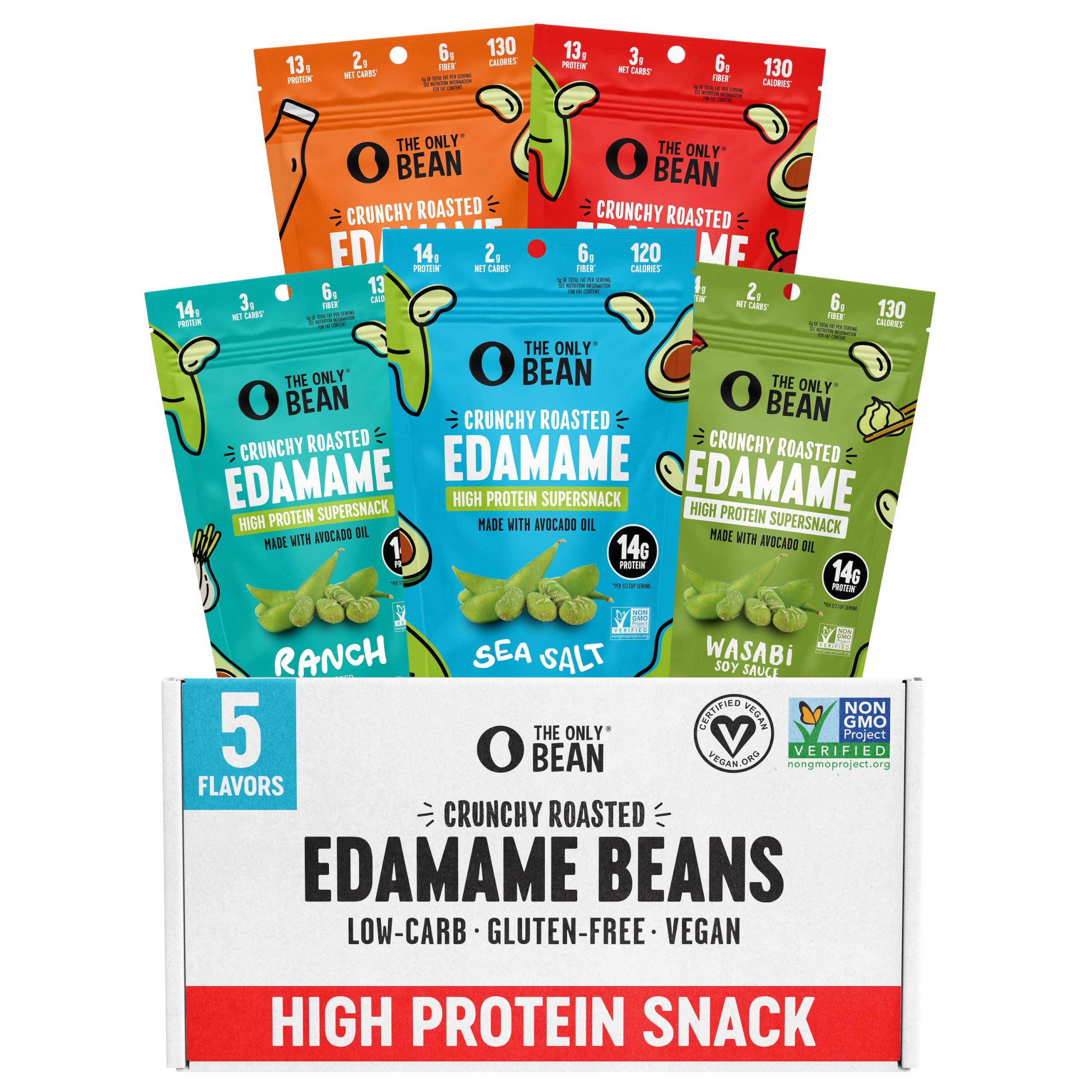 The Only Bean paquete frontal mostrando cinco sabores y portabilidad