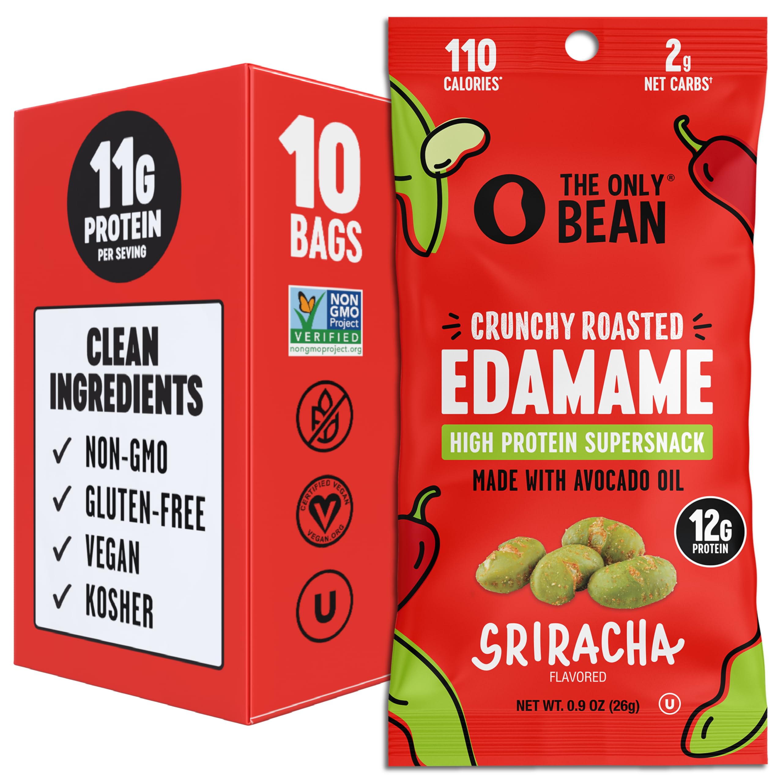 The Only Bean paquete frontal sriracha, muestra crujiente y conveniente