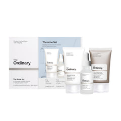 The Ordinary acne set presentación frontal mostrando los tres productos y beneficio de rutina completa