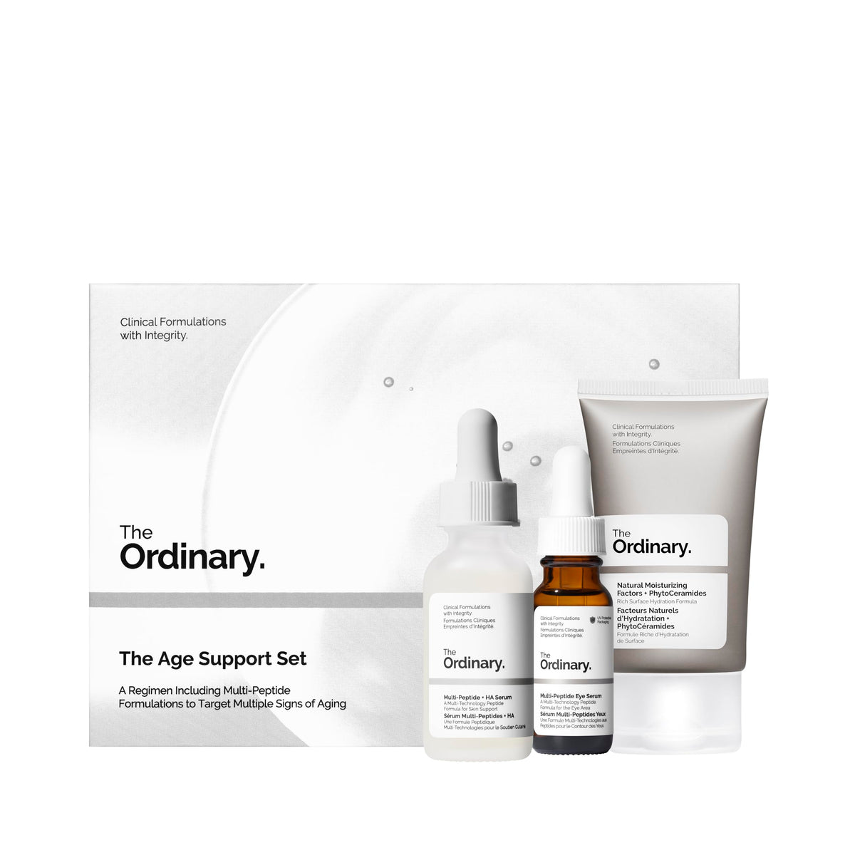 The Ordinary set empaquetado frontal mostrando todos los productos y claridad de compra