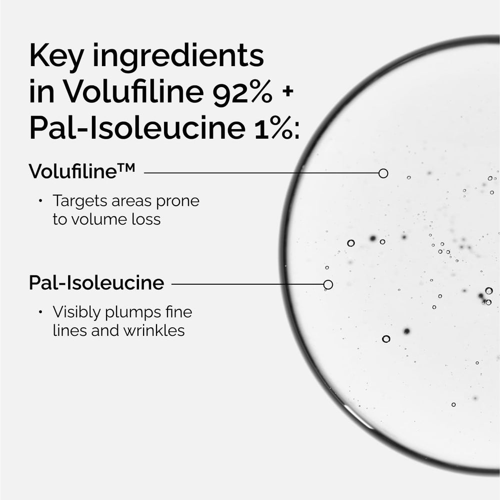 The Ordinary etiqueta con ingredientes Volufiline y palmitoyl isoleucine claros