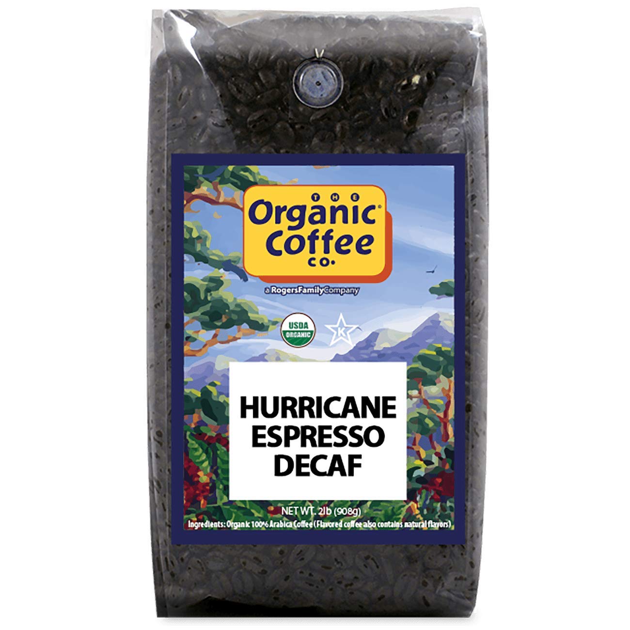 The Organic Coffee Co. bolsa Hurricane Espresso Decaf 2 lb mostrando diseño frontal y sello sostenible