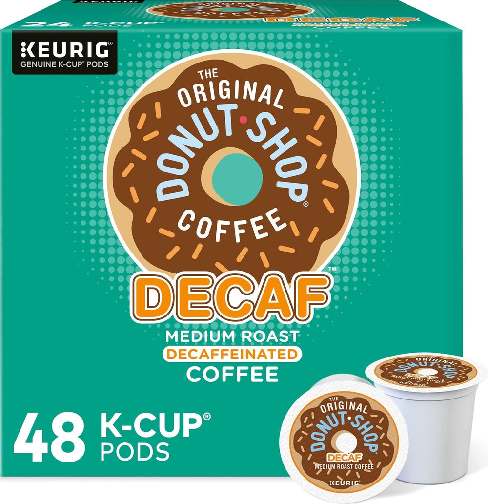The Original Donut Shop caja de 48 K-Cup mostrando compatibilidad Keurig y conveniencia