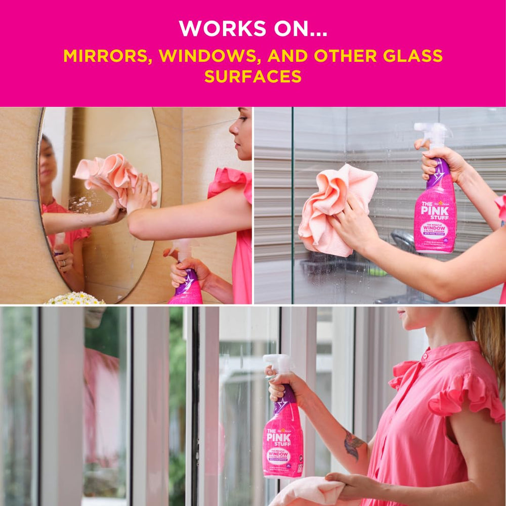 The Pink Stuff producto aplicado en cristal mostrando limpieza sin marcas