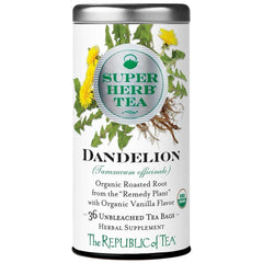 The Republic of Tea caja delantera mostrando 36 bolsitas y certificaciones
