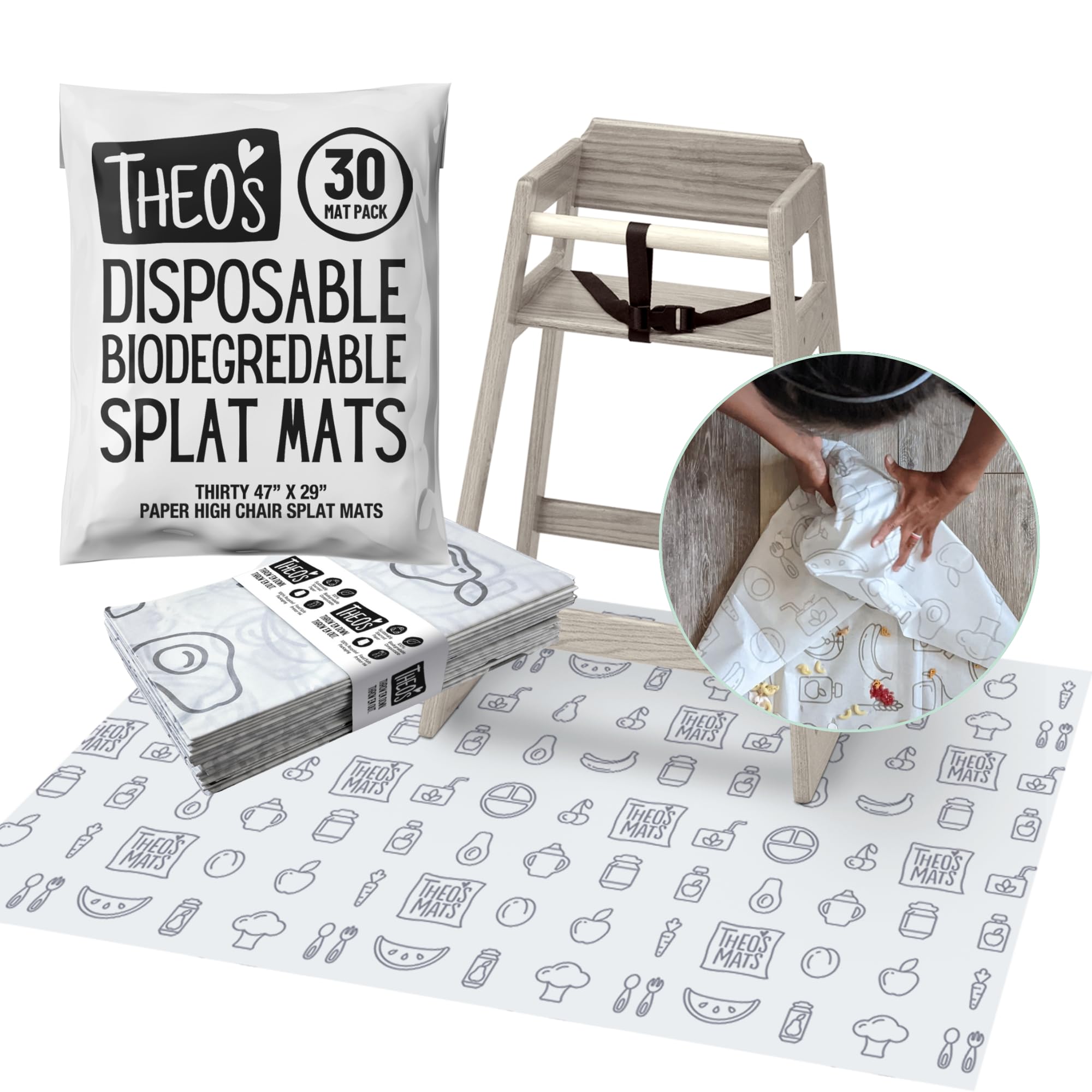 THEO'S empaque frontal mostrando 30 tapetes, práctico para almacenamiento