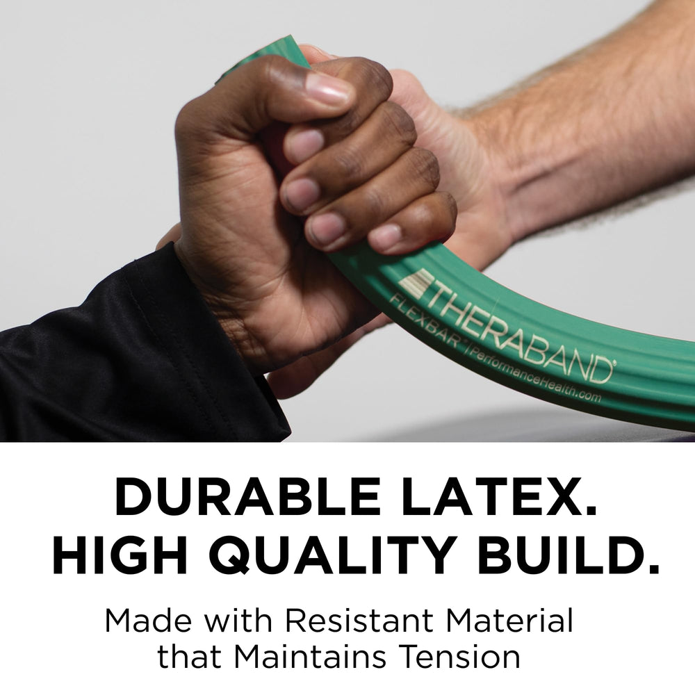 THERABAND FlexBar bending exercise in hand demonstrating controlled forearm strengthening