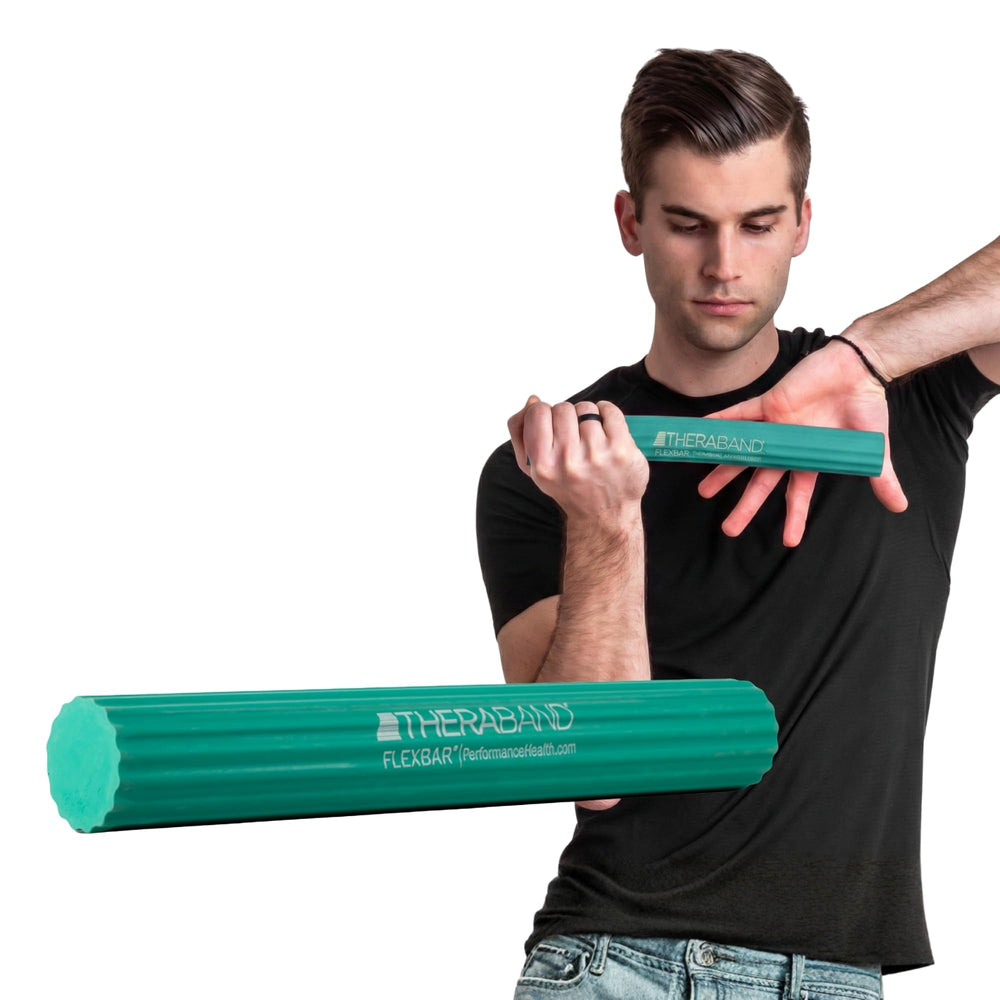 THERABAND FlexBar green front view showing durable design and clear resistance benefit