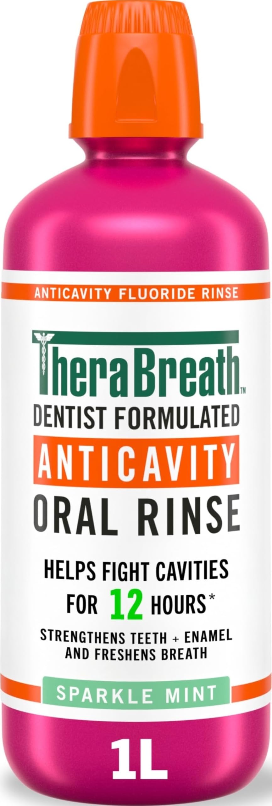 TheraBreath botella frontal 1 litro mostrando etiqueta y tamaño para uso familiar