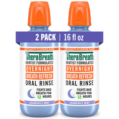 TheraBreath enjuague nocturno frente del envase mostrando tamaño y sabor chamomile mint