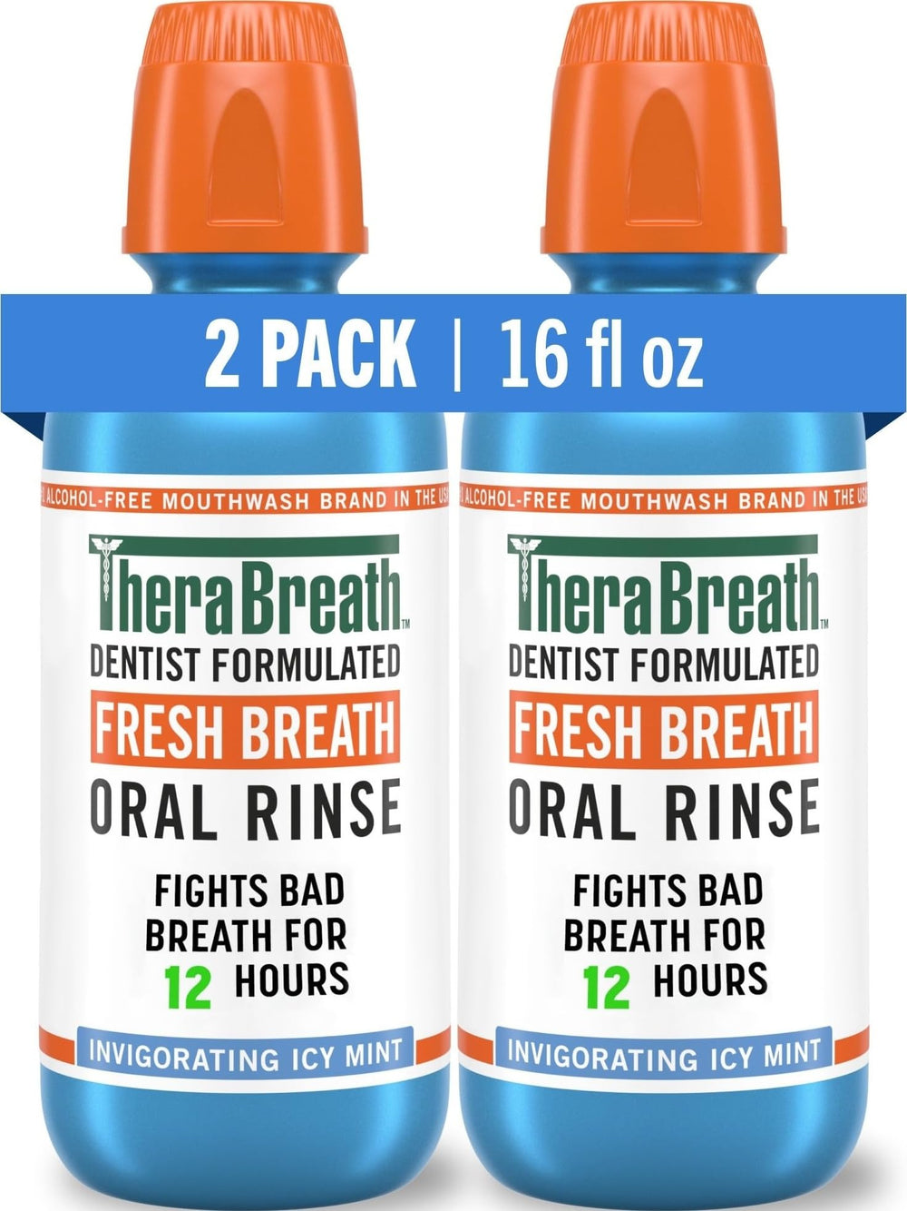 TheraBreath vista frontal del pack de 2 botellas mostrando la marca y frescor