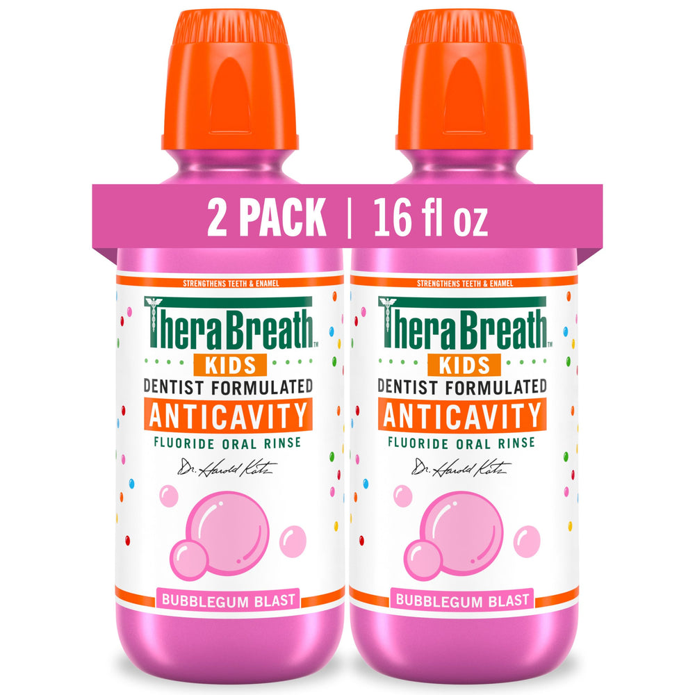 TheraBreath vista frontal del pack de dos botellas con protección anticaries