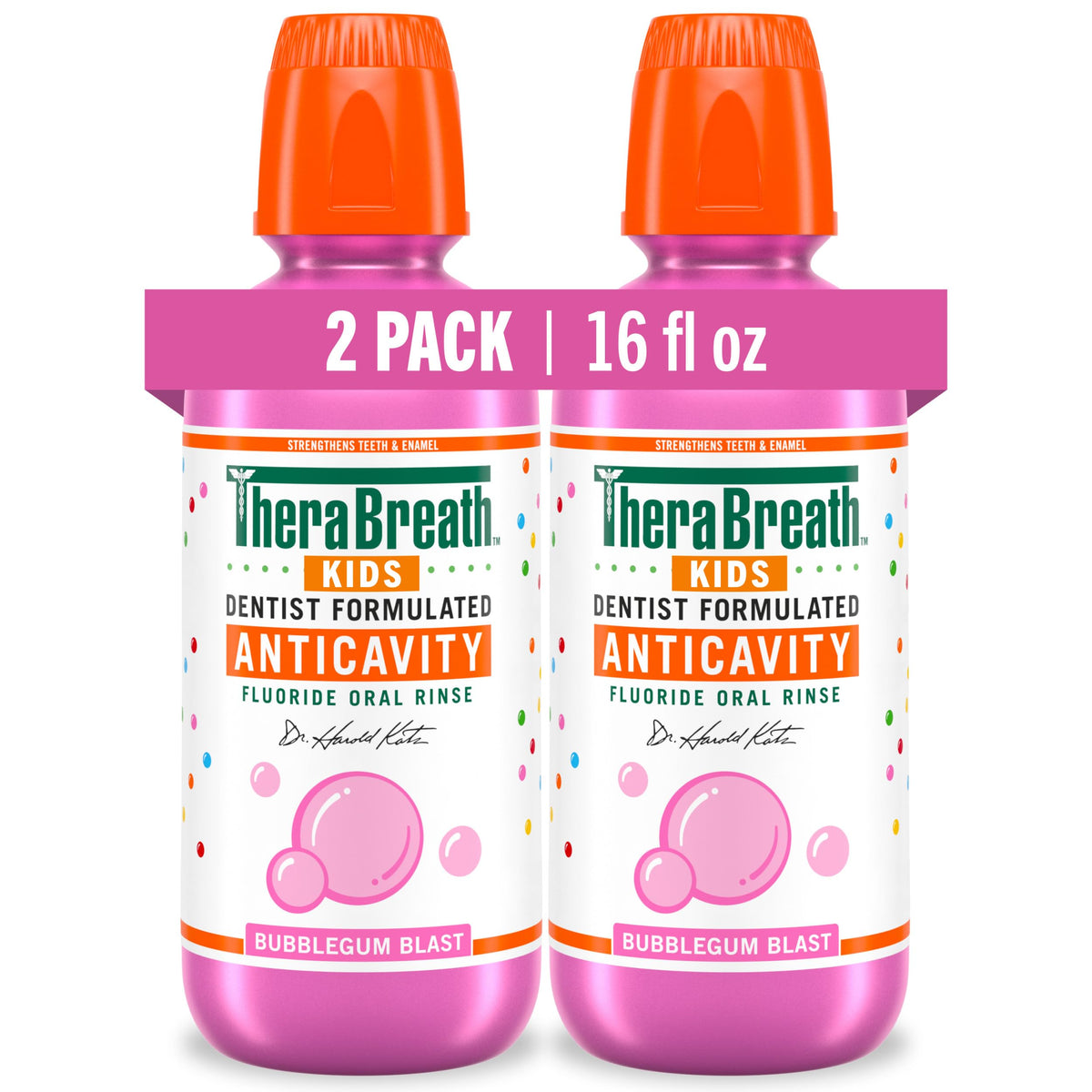 TheraBreath vista frontal del pack de dos botellas con protección anticaries