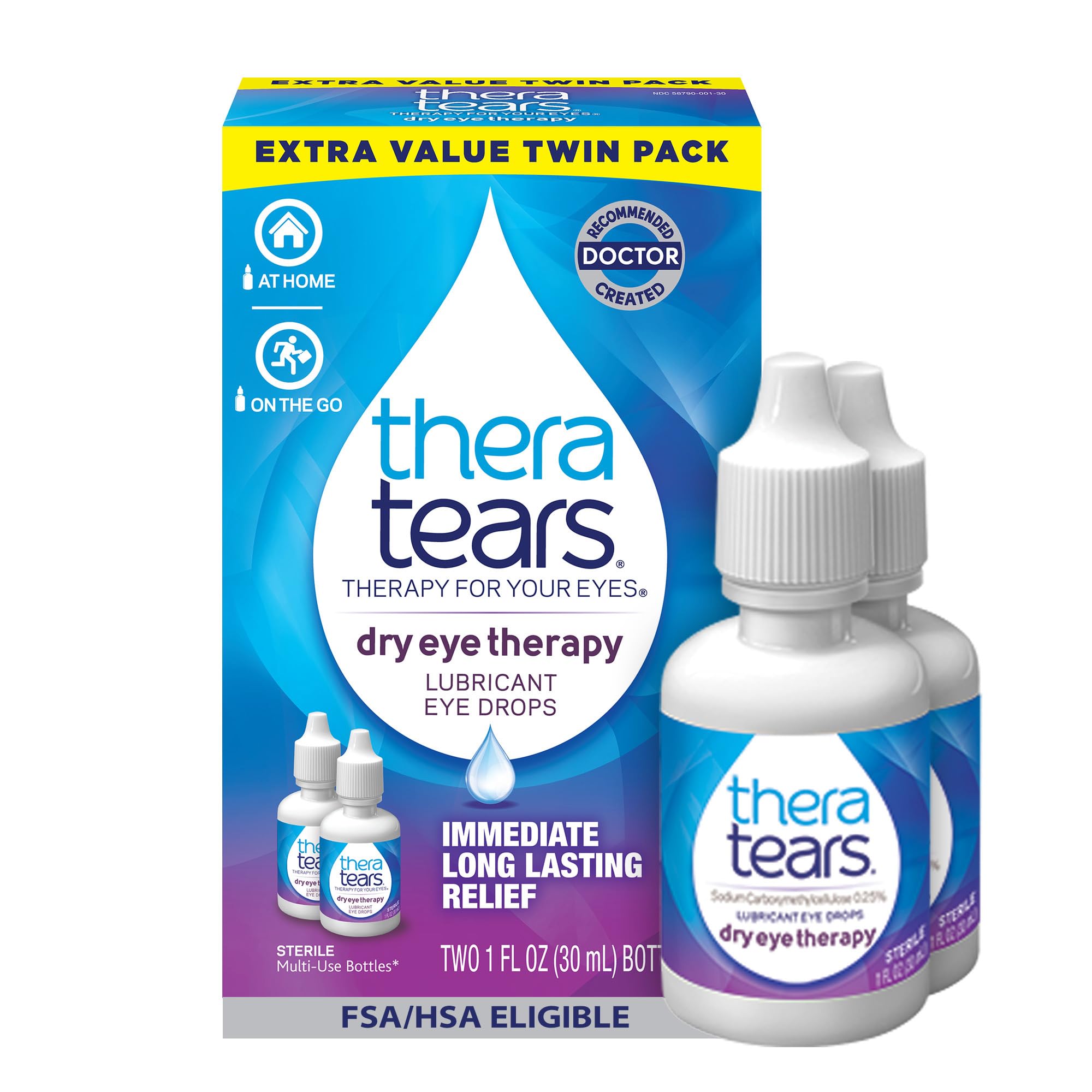 TheraTears pack frontal mostrando dos frascos y beneficio de alivio inmediato