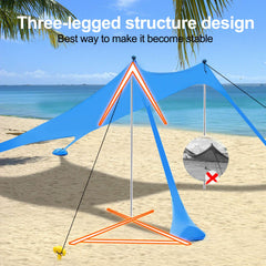 thereugokinexio toldo instalado en la playa con familia disfrutando sombra