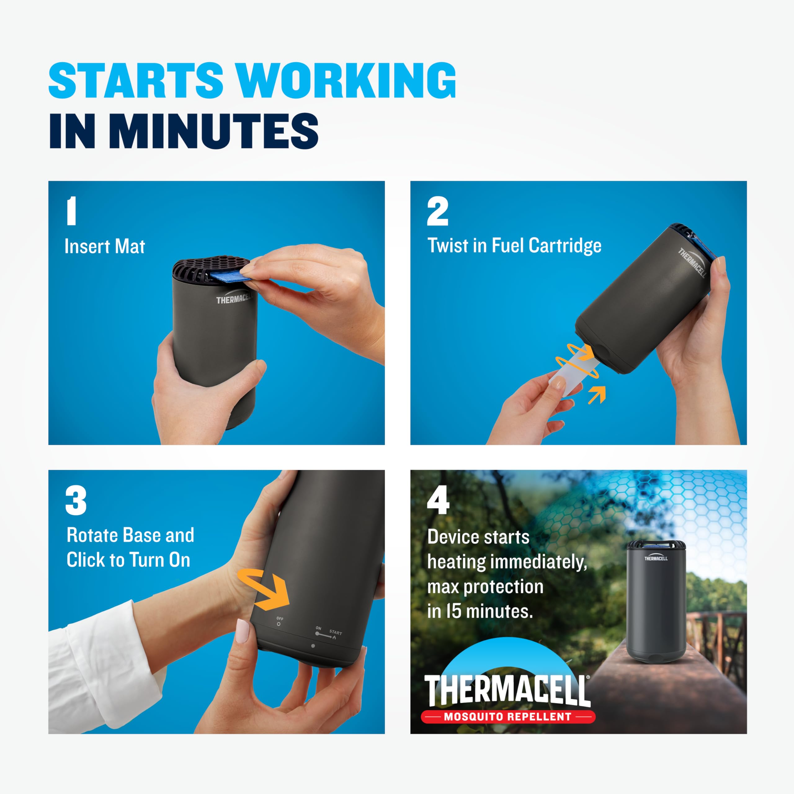 Thermacell escala comparativa con mano para ver tamaño y portabilidad