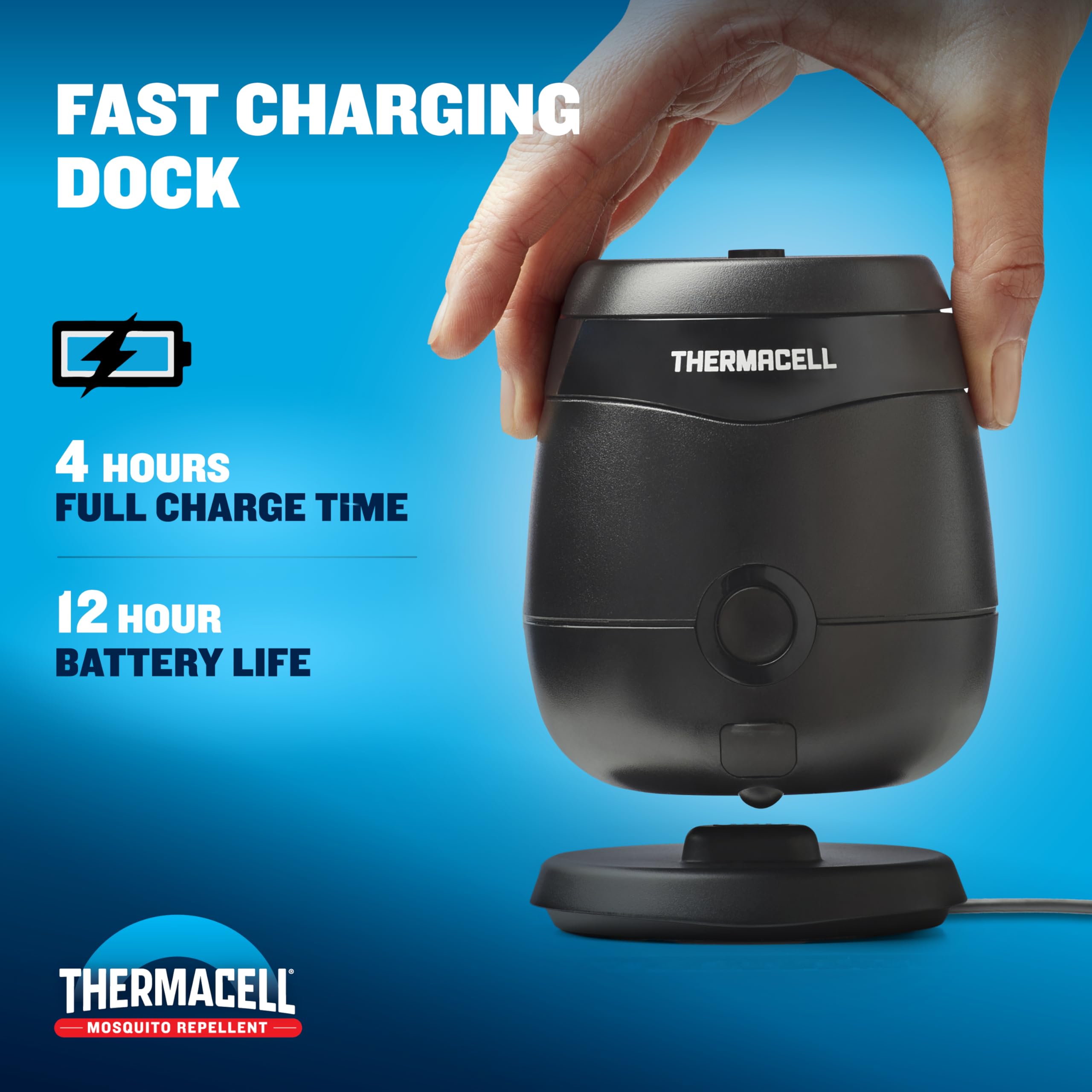 Thermacell comparación de tamaño con mano para entender escala portátil