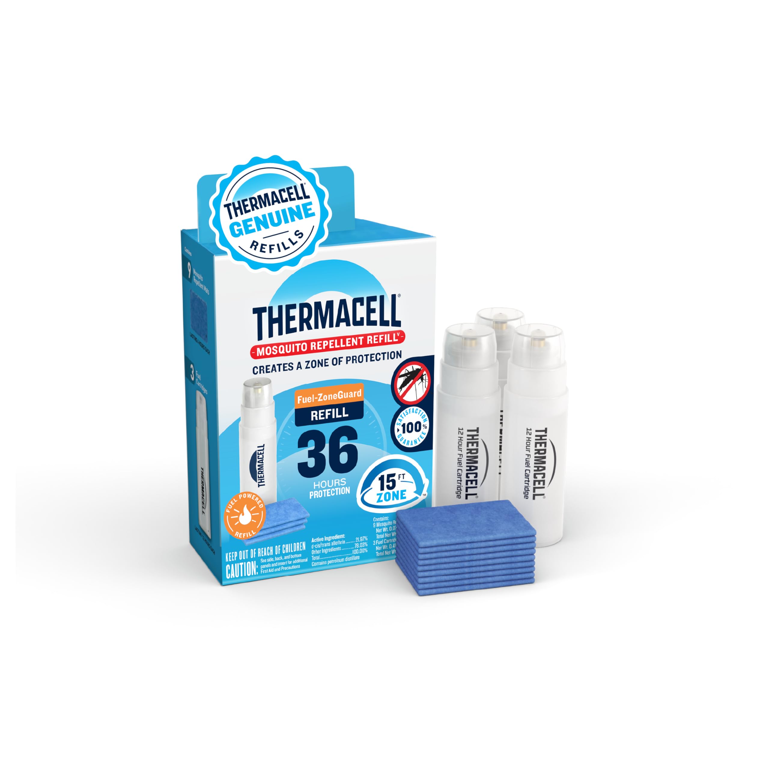 Thermacell vista frontal del paquete con recargas para protección rápida