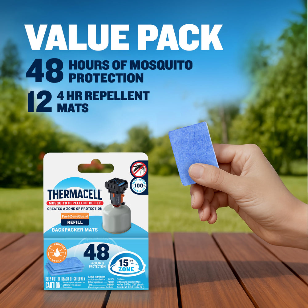 Thermacell repeller on patio illustrating 15-foot protection zone benefit