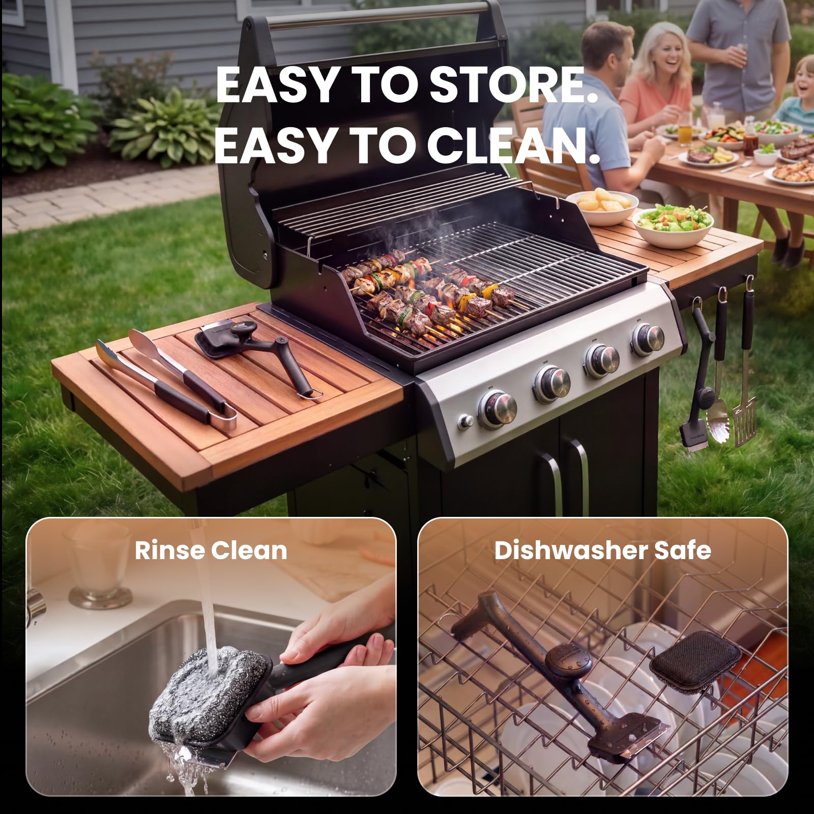 ThermoMaven brush cleaning hot gas grill grate demonstrating steam method
