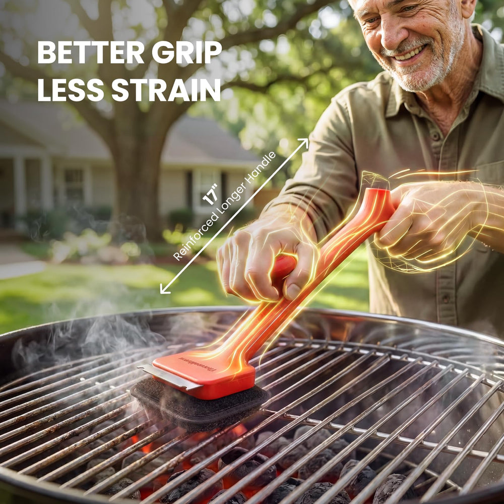 ThermoMaven brush in use on gas grill, steam-assisted loosening benefit