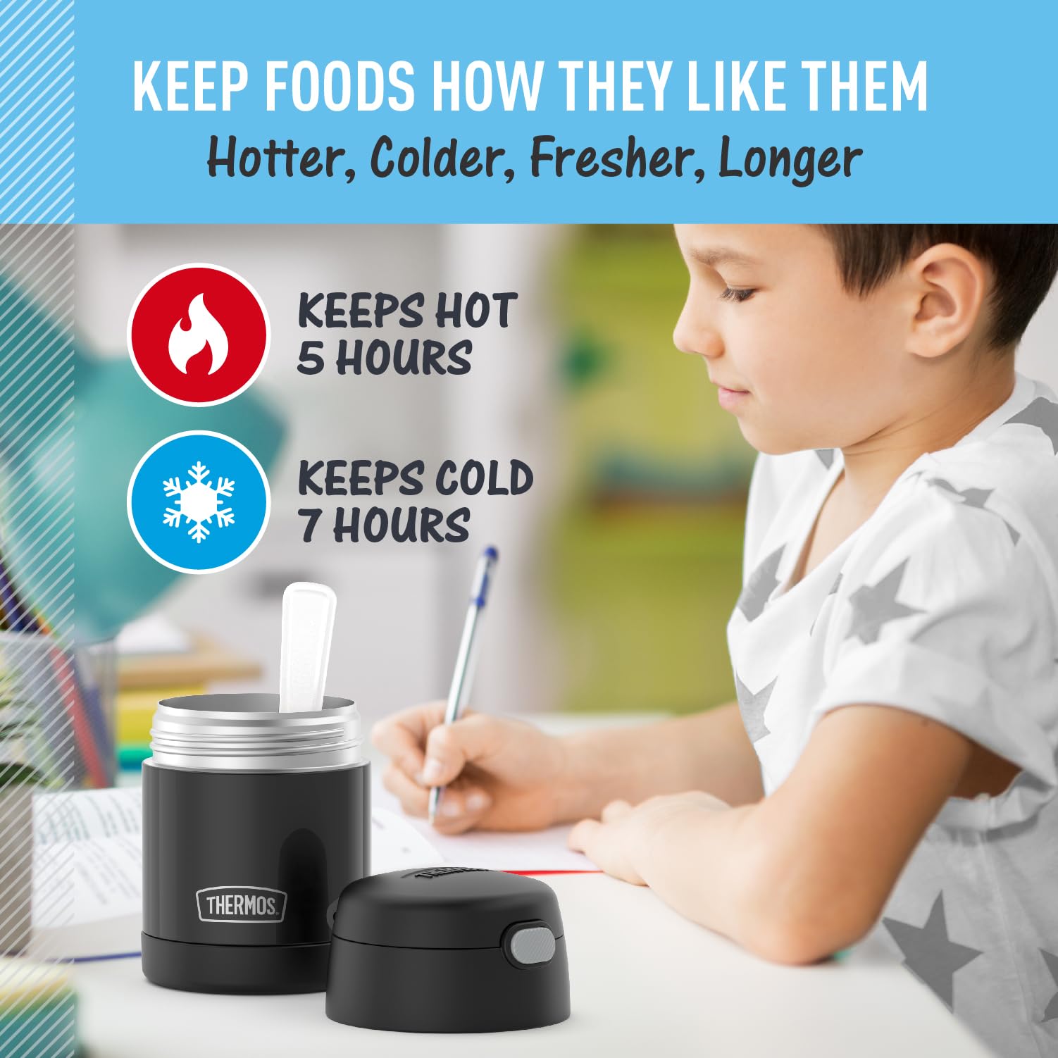 THERMOS FUNtainer comparación con mano para mostrar tamaño infantil y porciones prácticas